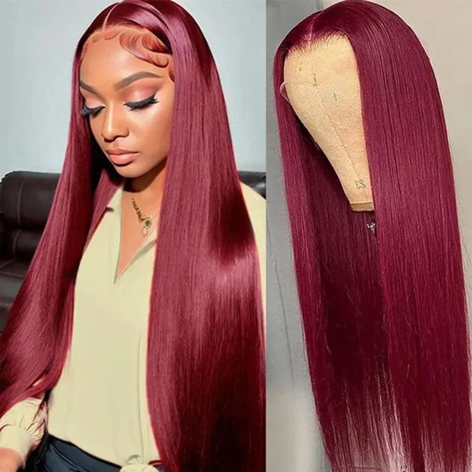 99j Burgundy Colored HD Lace Frontal Human Hair Wigs 13x4 Lace Front Human Hair Wigs Pre Pucked Lace Frontal Human Hair Wigs